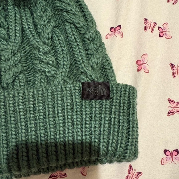 The North Face Green Cable Knit Beanie with Pom-Pom - Picture 2 of 3